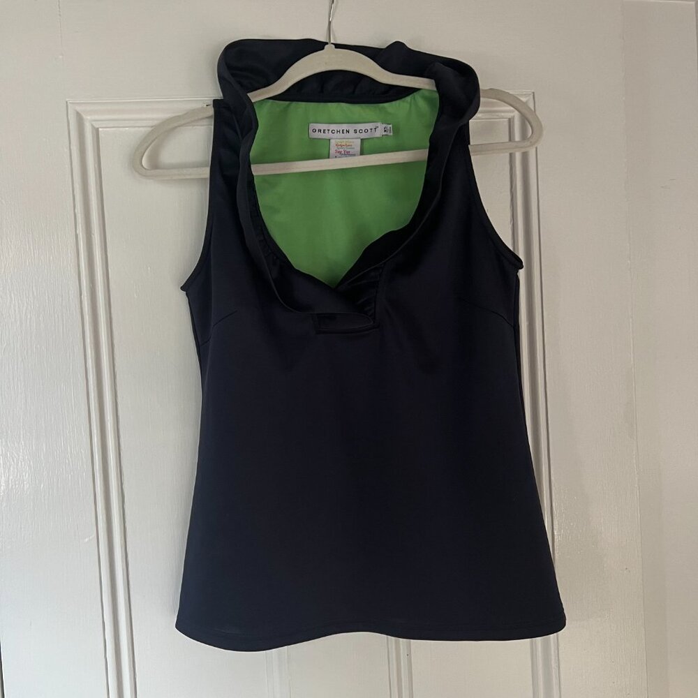 Gretchen Scott Solid Navy Jersey Sleeveless Ruffneck Top